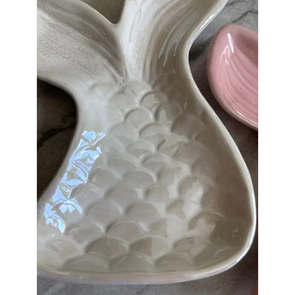 Greenbrier‎ Mermaid Tail Trinket Dish Set OS Pink White Excellent Coastal Decor